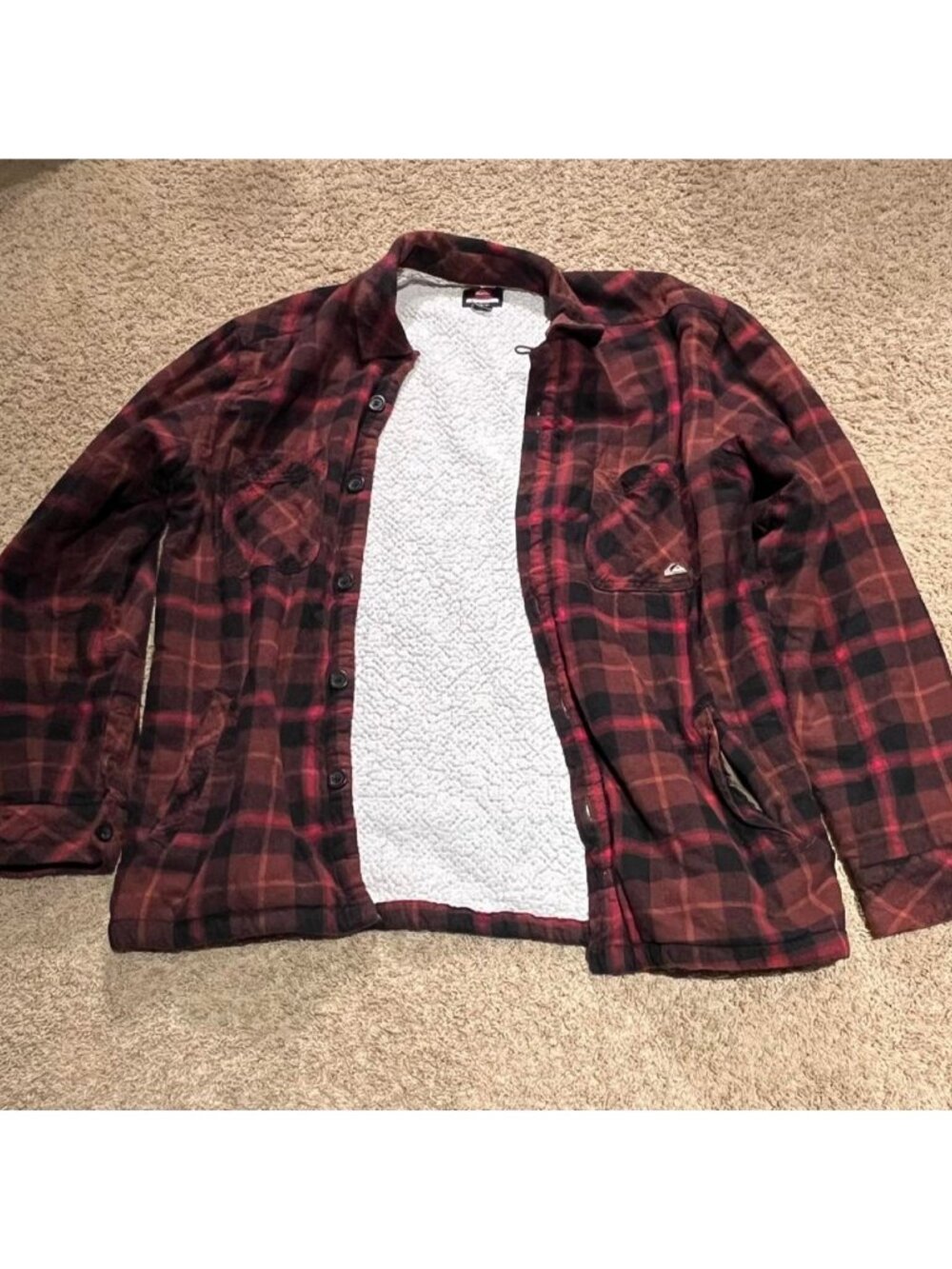 Quiksilver Plaid Sherpa Lined Shacket Red/Black/Brown Point Collar Button L